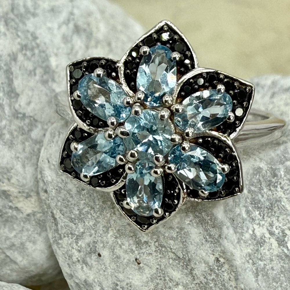 NWT Santa Maria Aquamarine & Black Spinel Daisy Ring Sz 10 Platinum 925 1.25ctw